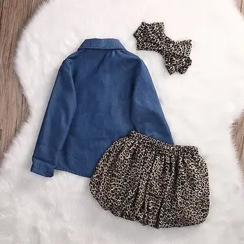 2017 Karšto 3PC Vaikams, kūdikių Mergaičių Gražių džinsinio marškinėliai + Leopard suknelė rinkiniai tiktų Vasaros drabužių komplektus, Vaikų Mergaičių Drabužių Rinkiniai