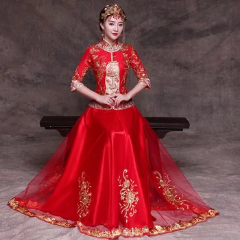 2018 Raudona Cheongsam Ilgai Qipao Moterų Suknelė Vakarinę Suknelę Šiuolaikinės Kinų Vestuvių Suknelė Nuotakos Tradicijas Skraiste Orientale