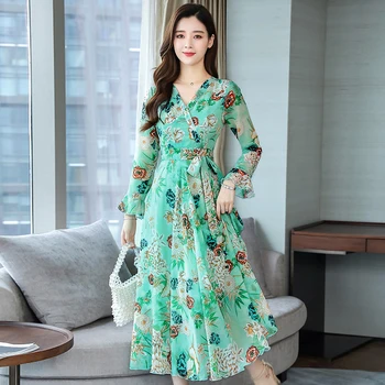 2019 AutumnNew Atvykimo Aukštos Kokybės Elegantiškas Gėlių Spausdinti V Apykakle Ilgomis Rankovėmis Moteris Ilgą Šifono Suknelę