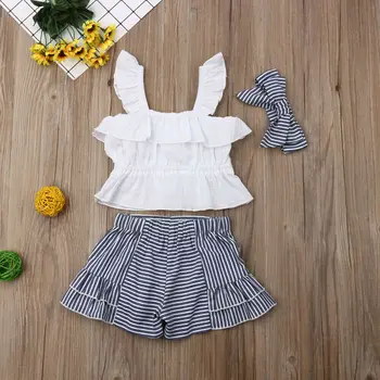 2019 Bamblys Vaikas Baby Girl drabužiai Drabužiai Nustatyti Komplektus Medvilnės Vasaros Dirželis Viršūnes+Stripe Šortai+Lankelis 3PCS Komplektus Nustatyti Sunsuit