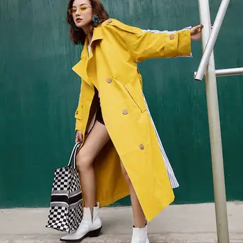 2019 Korėjos Moterų Drabužių Rudens Švarkelis, Moterų Ilgas Kailis Naujo Stiliaus Dryžuotas Prisiūtas Geltonas Žiemos Tranšėjos Paltai