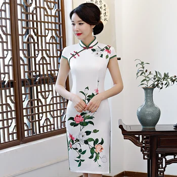 2019 Naujas Mados Kelio Ilgis Cheongsam Kinų stiliaus Mandarinų Apykaklės Suknelė Moteriški Vasaros Viskozė Qipao Slim Šalis Suknelės Vestido