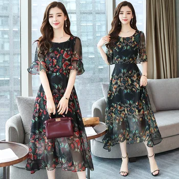 2019 vasaros naują spausdinimo šifono ponios suknelė mados slim šalies vestidos aukštos kokybės elegantiškas suknelė Didelis dydis S-2XL