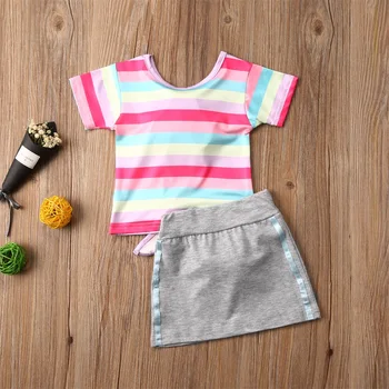 2020 2VNT Bamblys Vaikams Baby Girl Drabužių Rinkiniai Vaivorykštė Dryžuotas Princesė Viršūnės T-shirt Mini Sijonas Komplektai