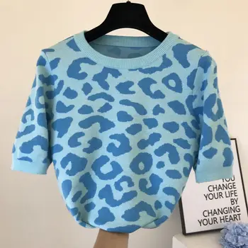 2020 M. Rudenį Trumpomis Rankovėmis Megztinis Moters Megztiniai Naujų Korėjos Stiliaus Spalvos Leopard Megzti Marškinėliai Viršų Moteriška Rudenį Medžiaga Megztinis