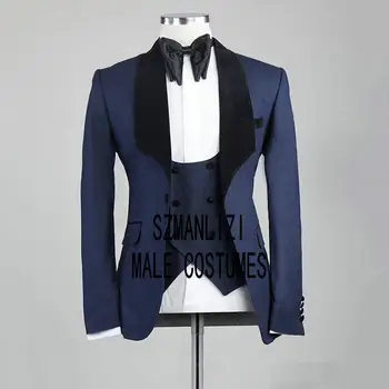 2020 M., Tamsiai Mėlynos Italijos Dizaino Mens Vestuvių Kostiumai 3 Gabaliukai Juodo Aksomo Atvartas Jaunikis Kostiumai Vyrams Jaunikis Tuxedos Groomsmen Kostiumas