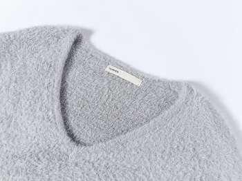2020 m. žiemos dirbtiniais kailiais megztinis korėjos v-kaklo, negabaritinių baltas megztinis minkštas šiltas puloveriai