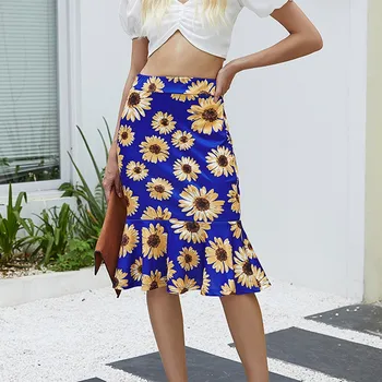 2020 mados elegantiškas, seksualus kelio ilgio sijonas vėliau kaip vasaros paplūdimio moterų sijonas Gėlių atsitiktinis palaidų saldus sijonas