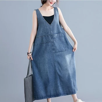 2020 Mados moterų berankovis džinsinio audinio suknelė pavasario vasaros derlius džinsai moteriška suknelė vientisa spalva didelio dydžio ilga liemenė suknelės 3216