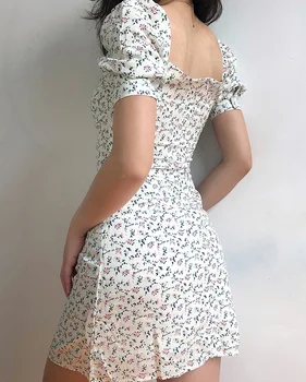 2020 metų Vasaros Naują Moterų prancūzijos Šviesą Aikštėje Apykaklės Nėriniai-up Sluoksniuotos Rankovėmis Seksualus Šifono Atspausdinta Virš Kelio, Mini balta suknelė