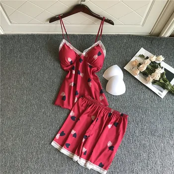 2020 Moterų Sexy Nėrinių Pižama Rinkiniai, Satino, Šilko Spageti Dirželis Šortai Moteriška Vasaros Gėlių Spausdinti Pyjama Nightsuits Su Krūtinės Pagalvėlės