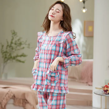 2020 Naujas Moterų Pižama Pledas Spausdinti Austinė Medvilnė Sleepwear Minkštas Namų Drabužiai Moterims Pyjama Femme Namų Kostiumas Didelis, Dydis XXXL