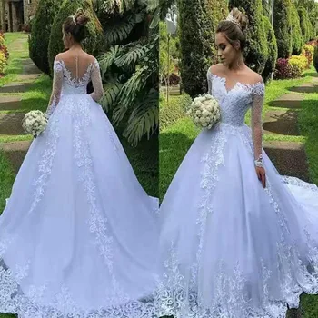 2020 naujų prabangių nėrinių vestuvių suknelė odos spalva net ilgomis rankovėmis apvalios kaklo nuotakos suknelė chalatas de mariée