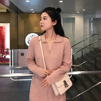 2020 Naujų Rudens Korėjos Moteris Office Slim Suknelės Derliaus One-Piece Suknelė Moterų Megztinis Mezgimo Suknelė Megztinis Megztas 