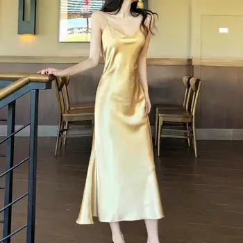 2021 Moterų Satino Suknelė šalis Prabanga Blizga Sundress Seksualus Šilko Imitacijos Suknelė Seksualus Slim Lady Kulkšnies Ilgis Vintage Drabužiai Dreses