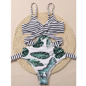 2021 Naujas Patogus vientisas maudymosi kostiumėlis Siamo Paplūdimio Ponios Mados Seksualus Strappy Augalų Spausdinti Susiuvimo Bikini купальник
