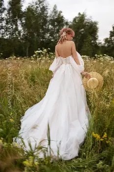 2021 Nėrinių Vestuvių Suknelės, Brangioji Appliques Paplūdimio Vestuvinės Suknelės pagal Užsakymą Pagaminti Seksualus Nėriniai-up Atgal, Valymo Traukinio Linija Vestuvinė Suknelė