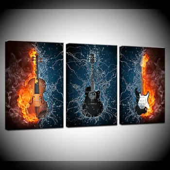 3 Gabalas Abstrakčiai Degančių Gitarų Muzikos kapela Šiuolaikiškos Sienų Tapybos Namų Prieškambario Dekoro Meno HD Atspausdinta Drobė Kietas Paveikslėlio Rėmelį