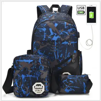 3pcs USB Vyrų kuprinė maišelis nustatyti, raudona ir mėlyna vidurinės mokyklos maišą berniukų vieną petį didelis studentų knygos maišelį vyrų mokyklos kuprinė