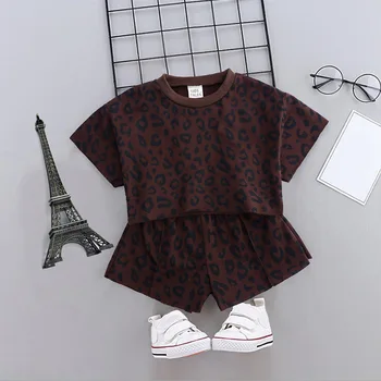 9M-7Y Bamblys Vaikas Baby Girl Vasaros Drabužių Rinkinius, Rausvos spalvos, trumpomis Rankovėmis 2vnt Leopard Print T-shirt Top+Shorts 