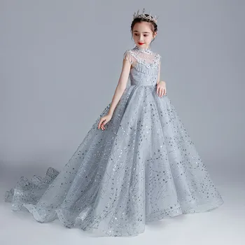 Aukštos Klasės Karšto Pardavimo Vaikų Mergaičių Prabanga, Blizgučiais Dizaino Fortepijonas Kostiumai Priimančiosios Princesė Ilga Uodega Suknelė Modelio Veikimo Dėvėti