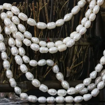 Aukštos kokybės baltos spalvos natūralių gėlo vandens dirbtiniu būdu išaugintų perlų 7-8mm ryžių tarpiklis grožio moterų papuošalai priėmimo prarasti karoliukai 15inch B1344