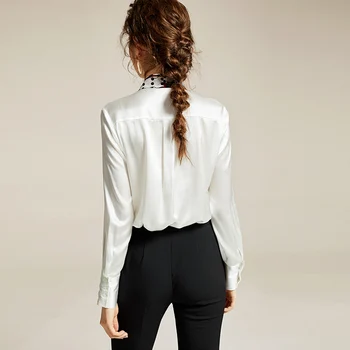Aukštos kokybės šilko balta palaidinė bowknot dizaino moterų mados vientisos spalvos ilgomis rankovėmis jaukus rudens office lady elegantiškas marškinėliai