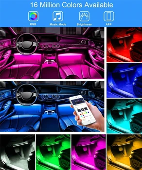 Automobilių, Aplinkos Šviesos Koja Lempos 4 x 18 RGB LED Juostelės 16 milijonų spalvų App & Nuotolinio Valdymo