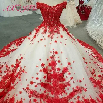 AXJFU prabanga princesė duobute kristalų raudona gėlė, balta nėrinių vestuvių suknelė vintage rankų darbo valtis kaklo raudona rožė vestuvių suknelė 613