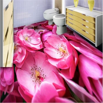 Beibehang Užsakymą grindys vandeniui neaustinių tapetai, gražus romantiškas rausvos rožės vonios kambarys 3D grindų plytelės