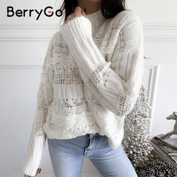 BerryGo Megzti tuščiaviduriai iš džemperis moterims Lašas pečių ilgomis rankovėmis Laisvas megztinis aukštu kaklu baltas megztinis rudenį, žiemą 2020 m.