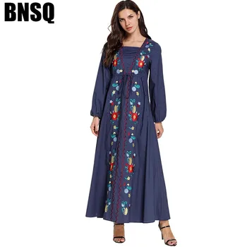 BNSQ Gėlių Aplikacija Maxi Suknelė Aukštos Kokybės Ramadanas Kostiumas Islamo ilgomis Rankovėmis Chalatas, su Aukso Juosmens sutraukimo juostelę Juosmens Malda