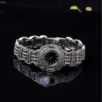 BOCAI S925 sterlingas sidabro Apyrankės Tailando sidabro vertus, grandinės juvelyrikos Kvarco žiūrėti grynas Argentum watchband vyrams ir moterims