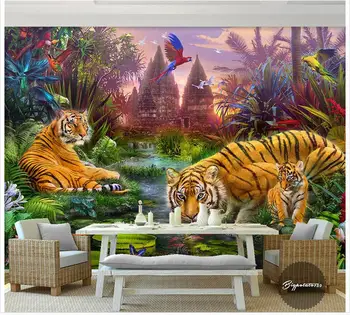 Custom 3d foto tapetai, 3d sienų freskomis tapetai Miško įvairiaspalvis papūgos flying lotus tvenkinys tigras gyvūnų vaikai tapyba
