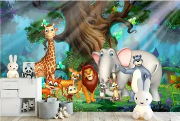 Custom tėtis peint animaux, animacinių filmų miško gyvūnų pasaulyje freskos vaikų kambario, miegamojo kambarį sienų apdaila tapetai