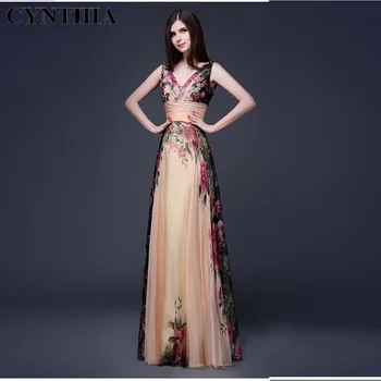 CYNTHIA MOTERŲ Suknelė Elegantiškas Elegantiškas Peties Gėlių Rankovių V-kaklo Suknelė, Ilgas Elegantiškas Mados