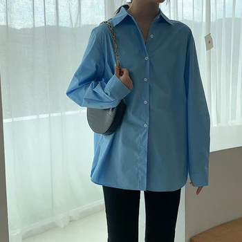 Derliaus Laisvas Ilgas Palaidinė Moterų 2020 M. Rudenį Atsitiktinis Chic Streetwear Mygtuką Ilgomis Rankovėmis Marškinėliai Korėjos Stiliaus Mėlyna Violetinė Cardigan