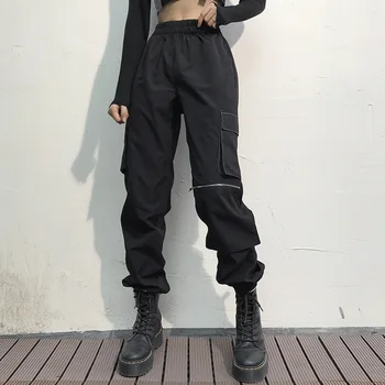 Didelis Kišenės Krovinių Kelnės Moterims Aukšto Juosmens Streetwear Kelnės Juoda Elastinga Juosmens Kelnės Hip-Hop Poilsiu Kelnes Vienašališkai Užtrauktukas