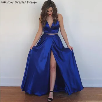 Dviejų Dalių Linijos Prom Dresses Sexy V Kaklo Backless Ritininės Vestido Royal Blue 2020 Bowknot Ilgą Vakarinę Suknelę Šalies Moterims