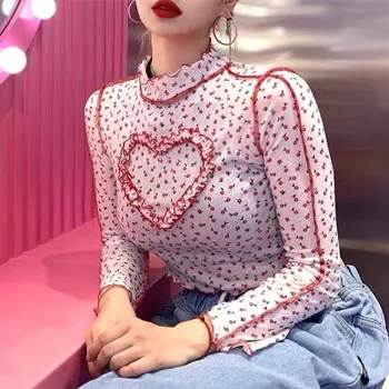 E-Girl Estetika Gėlių Siuvinėjimas Širdies Apkarpyti Viršūnes Y2K Mados Ruffles Long Sleeve T-Shirts Saldus Derliaus Komplektai Slim