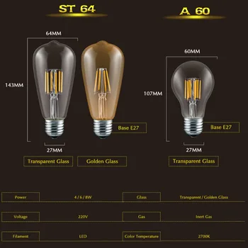 E27 LED šviesos srautą galima reguliuoti Kaitrinių Šviesa AC 110V, 220V, A60 ST64 4W LED Edison Lempos Derliaus 2700K Lemputė WW Šviesos Meno Patalpų Apdaila