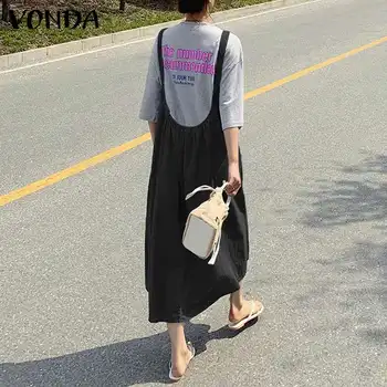 Elegantiškas Džinsinis Kombinezonas Suknelė 2021 VONDA Moterų Berankovis Japonų Stiliaus Ilgos Suknelės, Atsitiktinis, Kietas Sundress Plus Size Vestidos