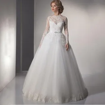 Elegantiškas ilgas rankoves su nėrinių vestuvinė suknelė, Nauja stiliaus Užtrauktukas nugaros mygtuką su Nėrinių sijonas, Diržas su modelio vestuvinė suknelė