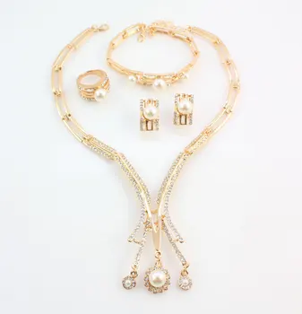 Fine Jewelry Nustatyti Aukso Spalvos Dubajus Afrikos Kristalų Imituojamas Perlų Karoliai Rinkinius Vestuvių Nuotaka Papuošalų Rinkinys +Dovanų Dėžutės