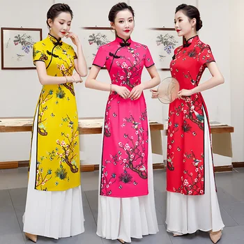 Geltona Plius Dydis 5XL Kinijos Tradicinės Moterų Aodai Qipao Spausdinti Gėlių Derliaus Cheongsam Naujovė Kinijos Oficialų Suknelė