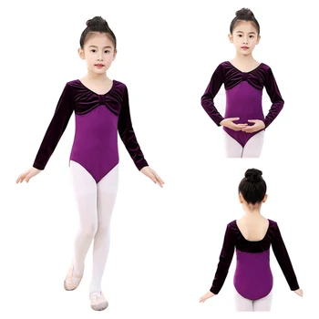 Gimnastika kostiumai šokio praktika drabužiai mergaitėms lotynų tautinių šokių tyrimo drabužius ilgomis rankovėmis medvilnės aukso aksomo vaikams 1
