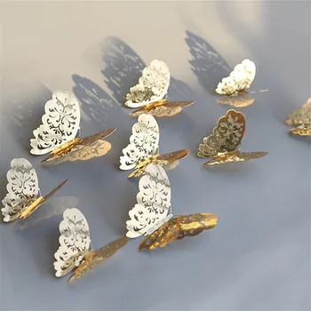 Golden/skiedra 12pcs/daug tuščiavidurių iš prabangių drugelis siena lipdukas 3D drugelis, naudojamas miegamojo sienos užuolaidų kambarį
