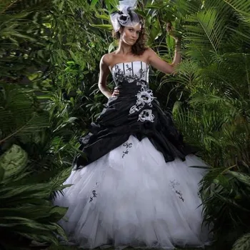 Gotikos Juodos Ir Baltos Vestuvinės Suknelės Stebėjimo Kamuolys Suknelė Zawalcowany Aplikacijos Derliaus Spalvingas Vestuvių Suknelės 1950 Užsakymą