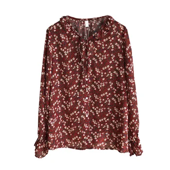 HXJJP Gėlių Spausdinti Vintage Palaidinė Marškinėliai Moterims korėjos Preppy Stiliaus Dizainas, Plonas Gėlių Raudona Temperamentas Lady Šifono Palaidinė Viršų