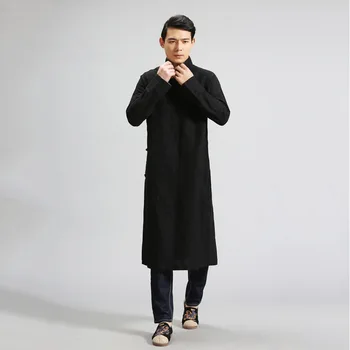 IEFB /vyriški drabužiai Kinų stiliaus prarasti atsitiktinis medvilnės skalbiniai juodos ilgos tranšėjos paltai, vyriški įstrižainės megztinis drabužiai, vyrų 9Y1231